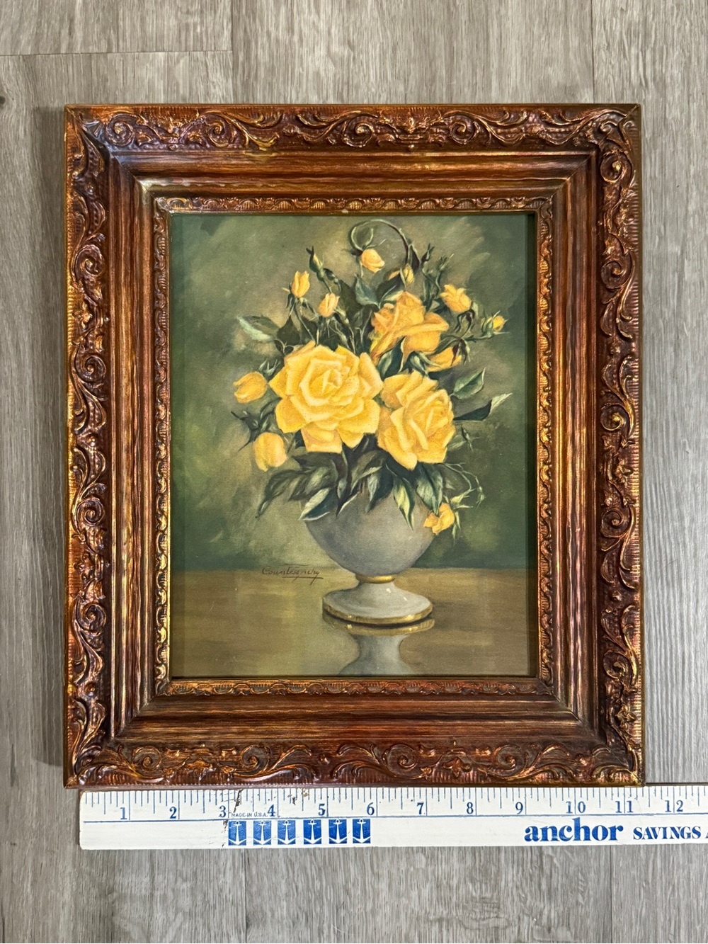 Vintage 1970’s floral yellow rose print in ornate frame